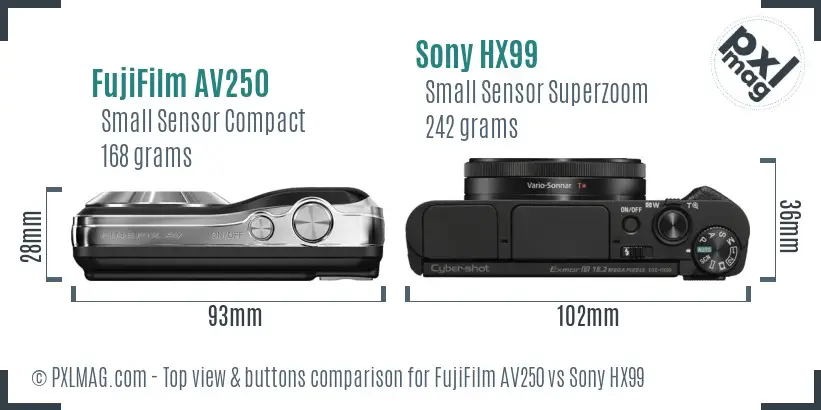 FujiFilm AV250 vs Sony HX99 top view buttons comparison