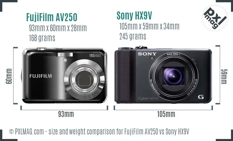 FujiFilm AV250 vs Sony HX9V size comparison