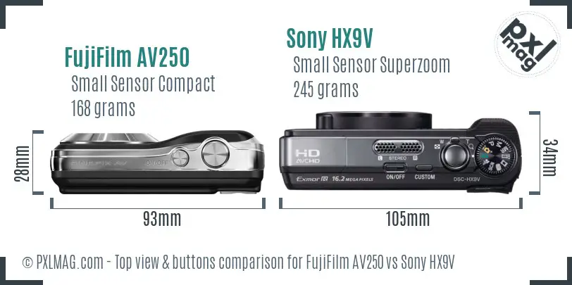 FujiFilm AV250 vs Sony HX9V top view buttons comparison