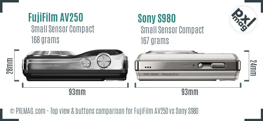FujiFilm AV250 vs Sony S980 top view buttons comparison FujiFilm AV250 vs Sony S980 top view buttons comparison