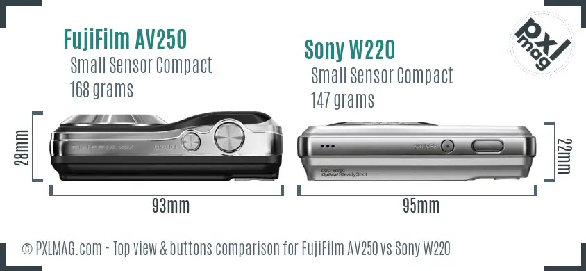 FujiFilm AV250 vs Sony W220 top view buttons comparison