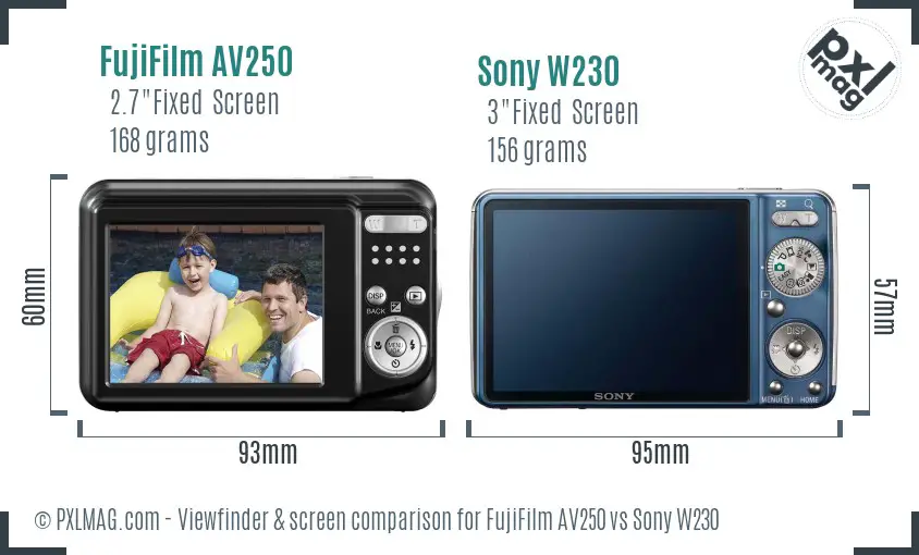 FujiFilm AV250 vs Sony W230 Screen and Viewfinder comparison