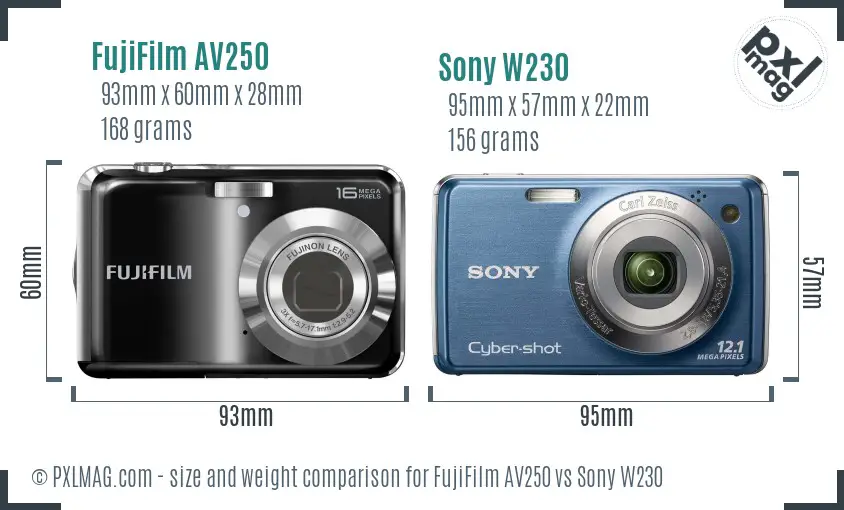 FujiFilm AV250 vs Sony W230 size comparison