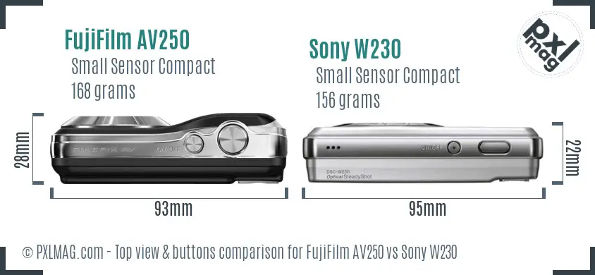 FujiFilm AV250 vs Sony W230 top view buttons comparison