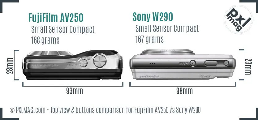 FujiFilm AV250 vs Sony W290 top view buttons comparison FujiFilm AV250 vs Sony W290 top view buttons comparison