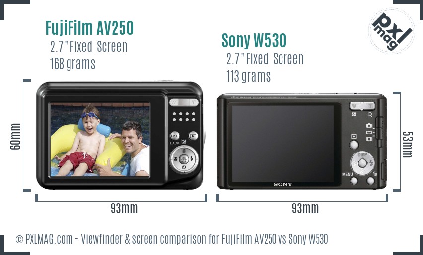FujiFilm AV250 vs Sony W530 Screen and Viewfinder comparison