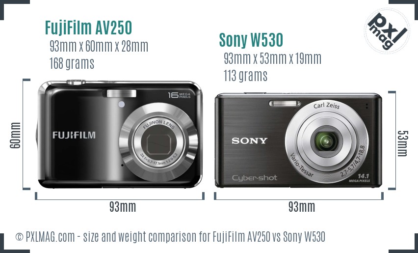 FujiFilm AV250 vs Sony W530 size comparison
