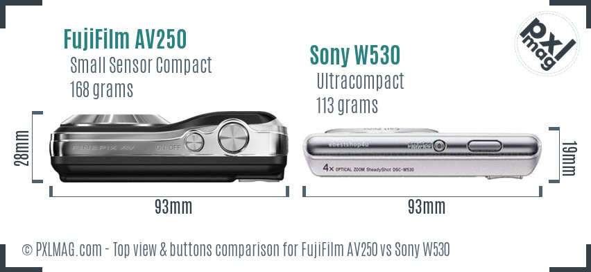 FujiFilm AV250 vs Sony W530 top view buttons comparison