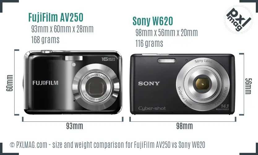 FujiFilm AV250 vs Sony W620 size comparison