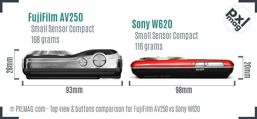 FujiFilm AV250 vs Sony W620 top view buttons comparison