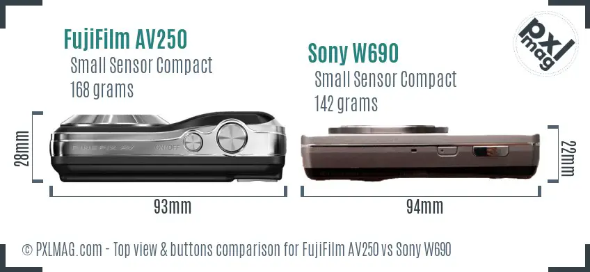 FujiFilm AV250 vs Sony W690 top view buttons comparison