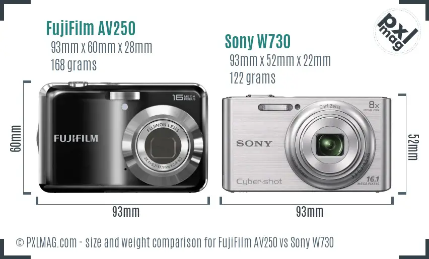 FujiFilm AV250 vs Sony W730 size comparison