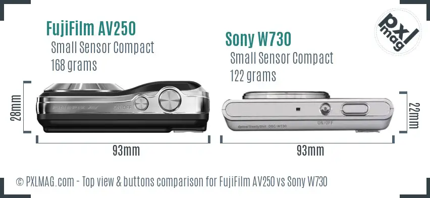 FujiFilm AV250 vs Sony W730 top view buttons comparison
