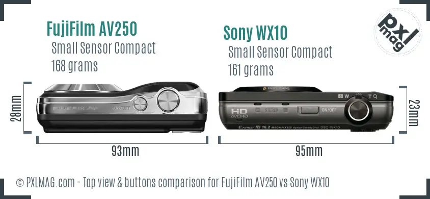 FujiFilm AV250 vs Sony WX10 top view buttons comparison