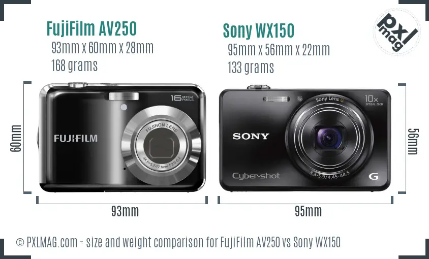 FujiFilm AV250 vs Sony WX150 size comparison