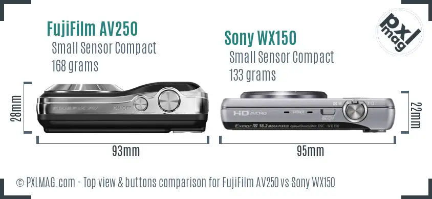 FujiFilm AV250 vs Sony WX150 top view buttons comparison