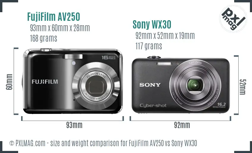 FujiFilm AV250 vs Sony WX30 size comparison