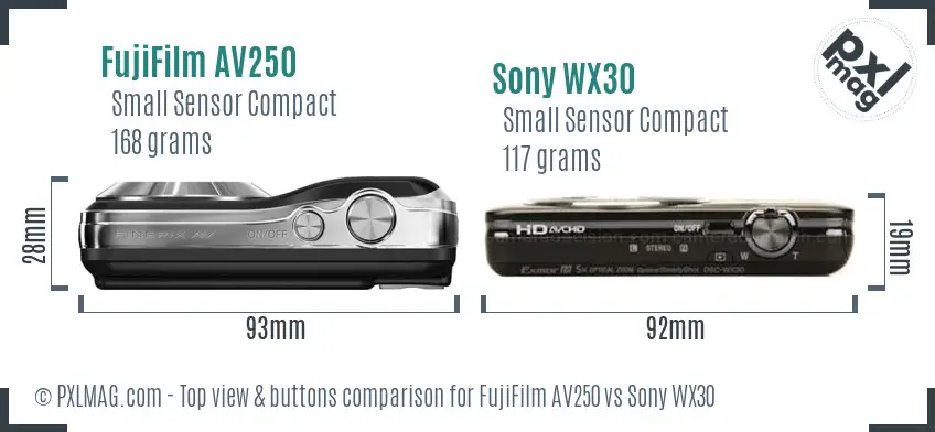 FujiFilm AV250 vs Sony WX30 top view buttons comparison