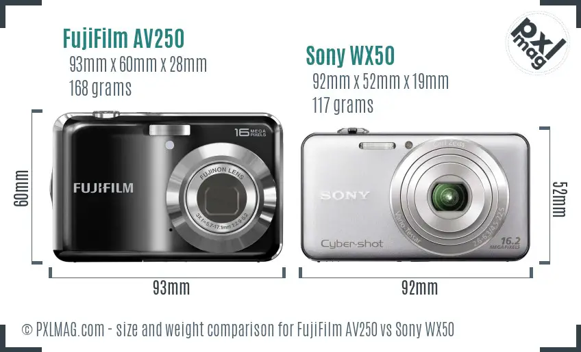 FujiFilm AV250 vs Sony WX50 size comparison