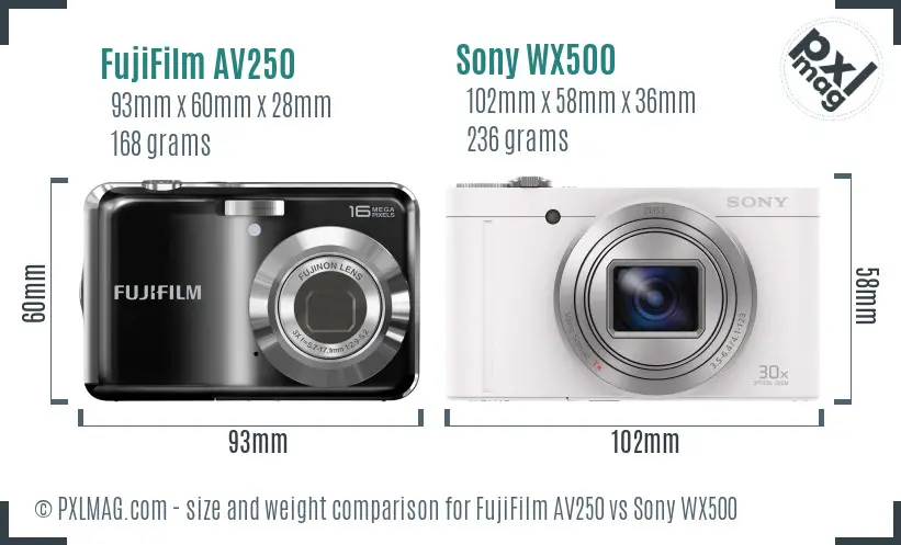 FujiFilm AV250 vs Sony WX500 size comparison