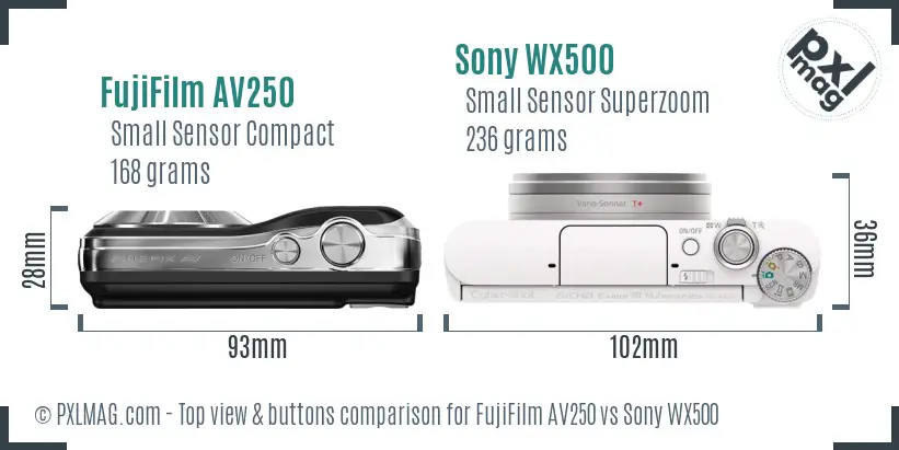 FujiFilm AV250 vs Sony WX500 top view buttons comparison