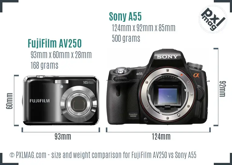 FujiFilm AV250 vs Sony A55 size comparison