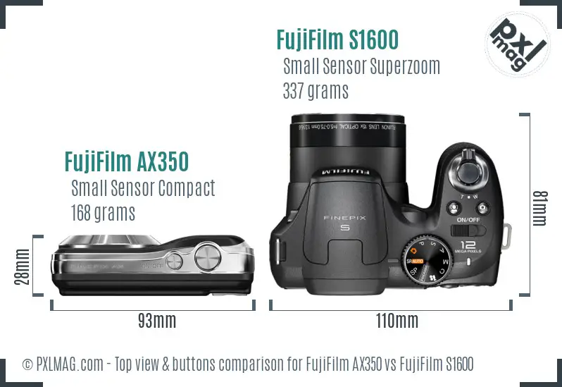 FujiFilm AX350 vs FujiFilm S1600 top view buttons comparison FujiFilm AX350 vs FujiFilm S1600 top view buttons comparison