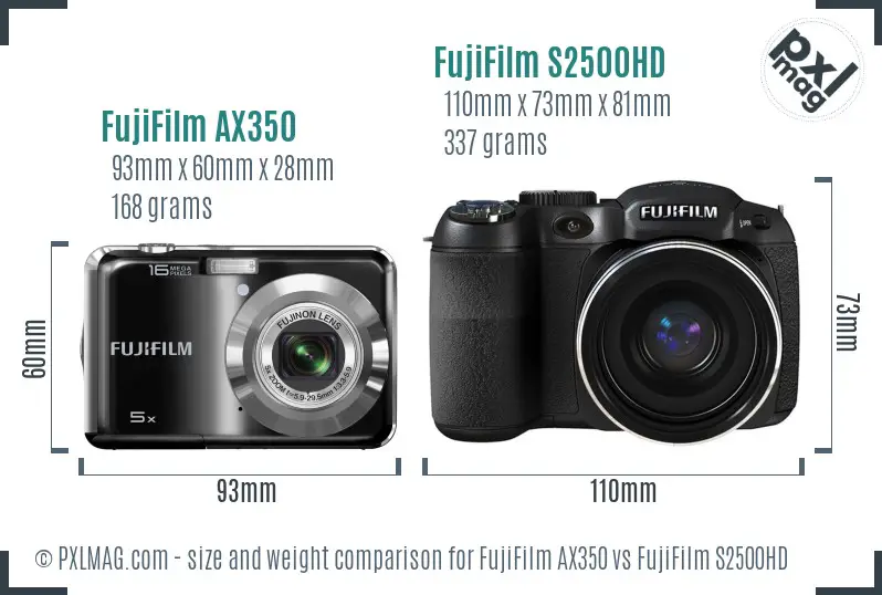 FujiFilm AX350 vs FujiFilm S2500HD size comparison