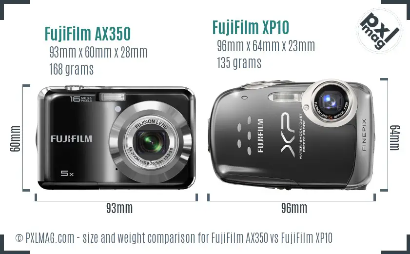 FujiFilm AX350 vs FujiFilm XP10 size comparison