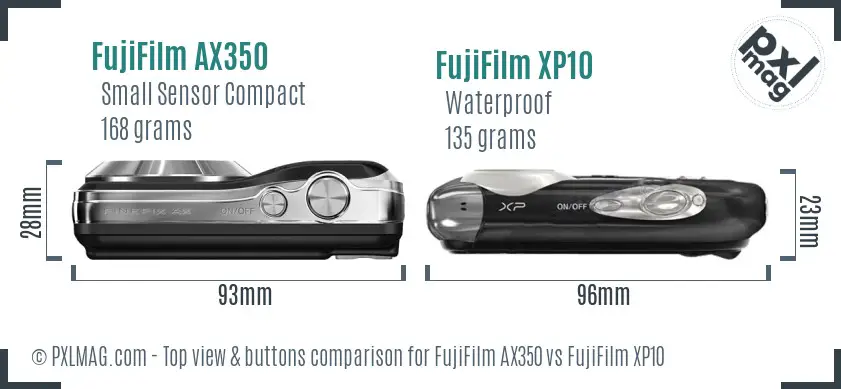 FujiFilm AX350 vs FujiFilm XP10 top view buttons comparison