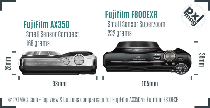 FujiFilm AX350 vs Fujifilm F800EXR top view buttons comparison FujiFilm AX350 vs Fujifilm F800EXR top view buttons comparison