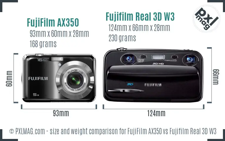 FujiFilm AX350 vs Fujifilm Real 3D W3 size comparison