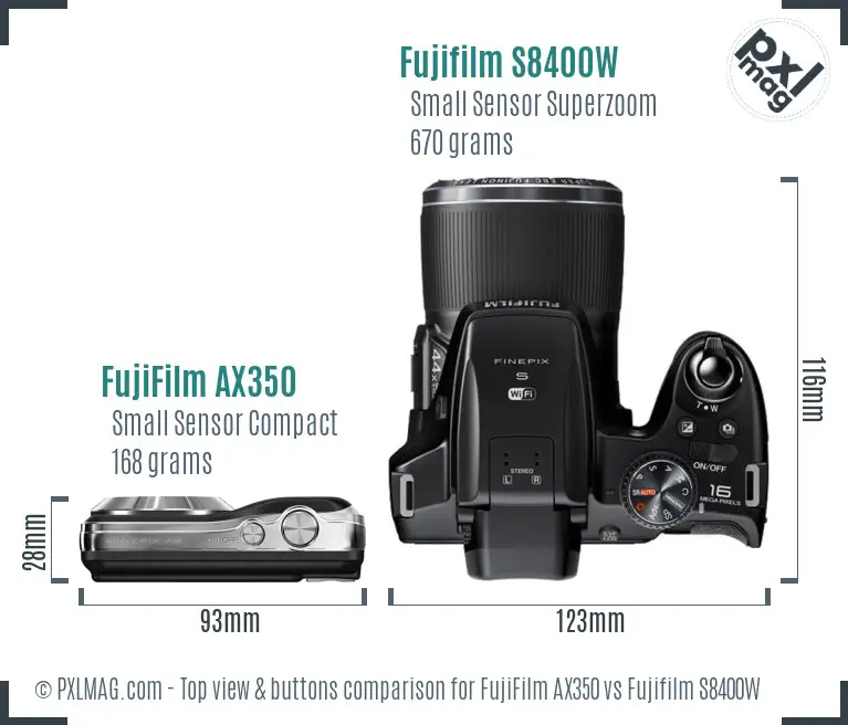 FujiFilm AX350 vs Fujifilm S8400W top view buttons comparison FujiFilm AX350 vs Fujifilm S8400W top view buttons comparison