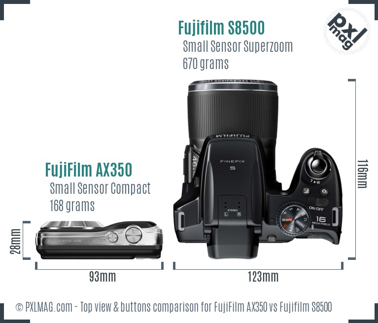 FujiFilm AX350 vs Fujifilm S8500 top view buttons comparison