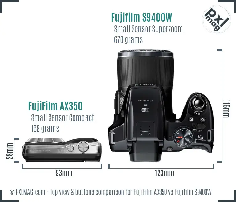FujiFilm AX350 vs Fujifilm S9400W top view buttons comparison FujiFilm AX350 vs Fujifilm S9400W top view buttons comparison
