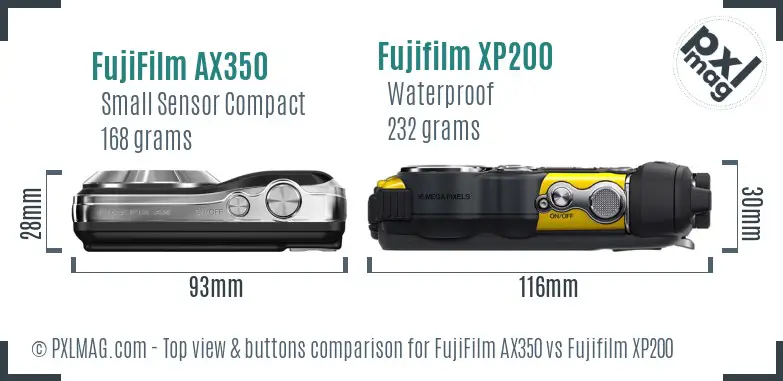 FujiFilm AX350 vs Fujifilm XP200 top view buttons comparison FujiFilm AX350 vs Fujifilm XP200 top view buttons comparison