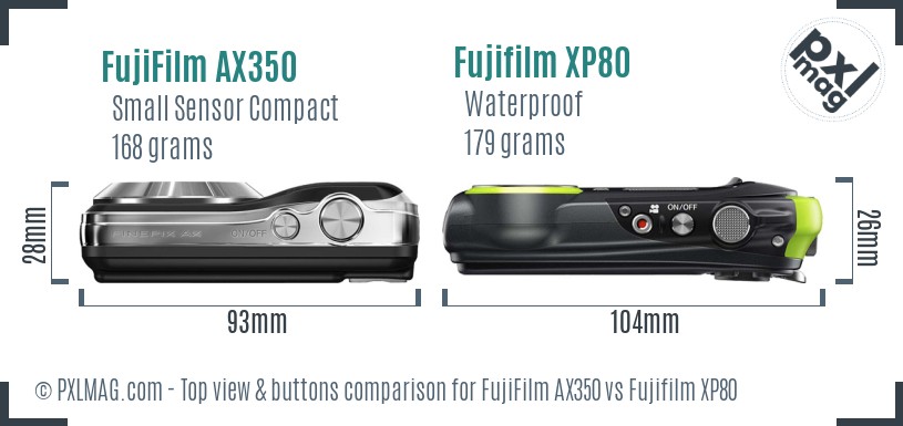 FujiFilm AX350 vs Fujifilm XP80 top view buttons comparison