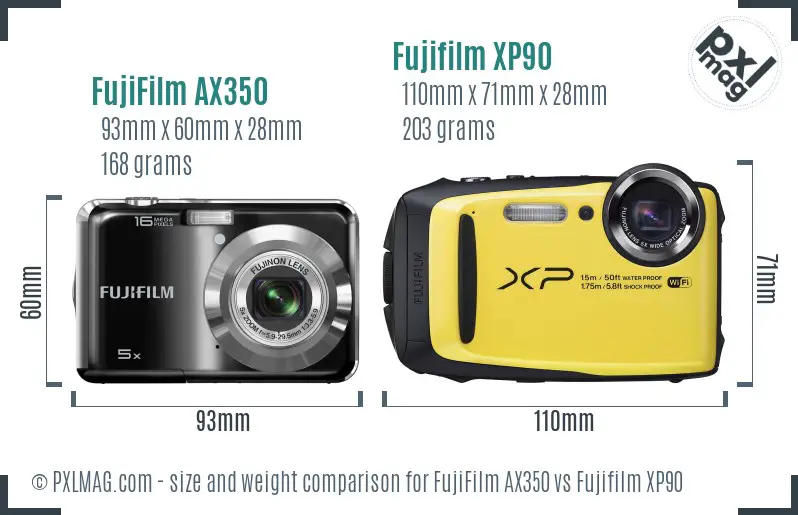 FujiFilm AX350 vs Fujifilm XP90 size comparison