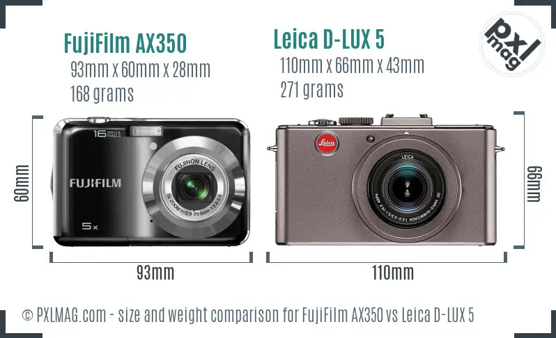 FujiFilm AX350 vs Leica D-LUX 5 size comparison