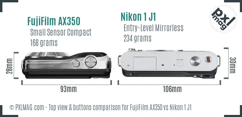 FujiFilm AX350 vs Nikon 1 J1 top view buttons comparison