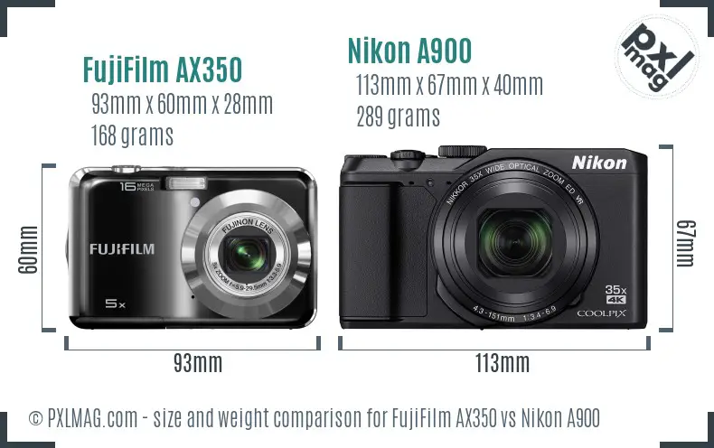 FujiFilm AX350 vs Nikon A900 size comparison