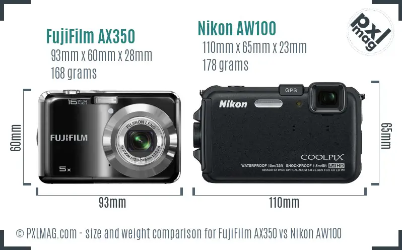 FujiFilm AX350 vs Nikon AW100 size comparison