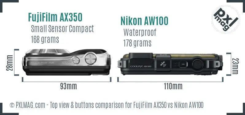 FujiFilm AX350 vs Nikon AW100 top view buttons comparison