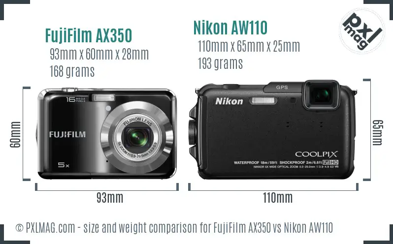 FujiFilm AX350 vs Nikon AW110 size comparison