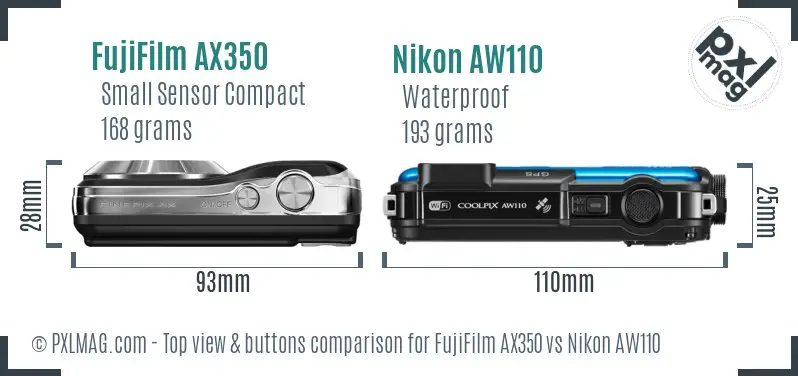 FujiFilm AX350 vs Nikon AW110 top view buttons comparison