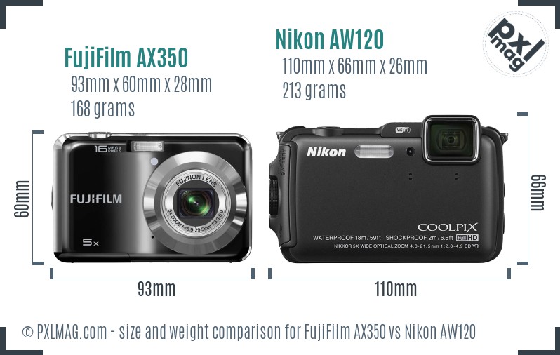 FujiFilm AX350 vs Nikon AW120 size comparison