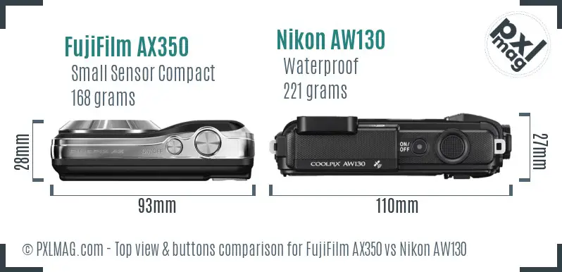 FujiFilm AX350 vs Nikon AW130 top view buttons comparison FujiFilm AX350 vs Nikon AW130 top view buttons comparison