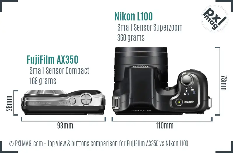 FujiFilm AX350 vs Nikon L100 top view buttons comparison