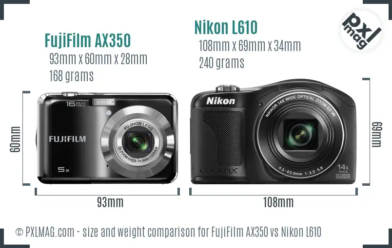FujiFilm AX350 vs Nikon L610 size comparison