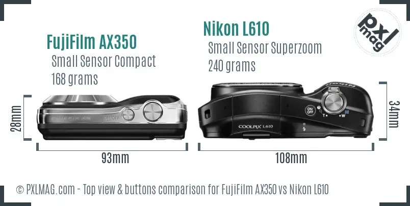 FujiFilm AX350 vs Nikon L610 top view buttons comparison